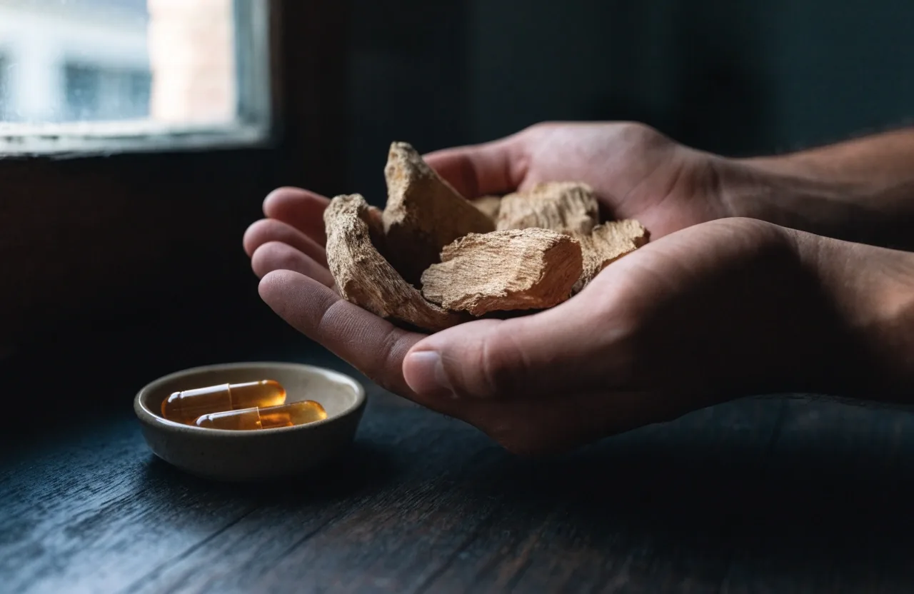 A hand holding a single amber softgel above an empty matte table in low light