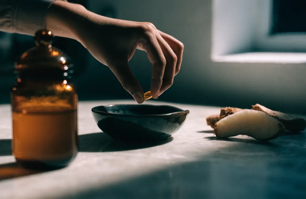 A night desk with unlabelled amber supplement jars, capsules and a botanical root slice under one cool side light