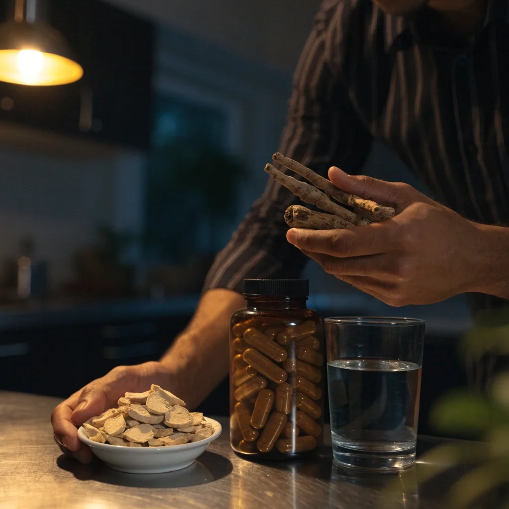 Hands turning an unlabelled supplement bottle under a desk lamp while holding a softgel up to the light