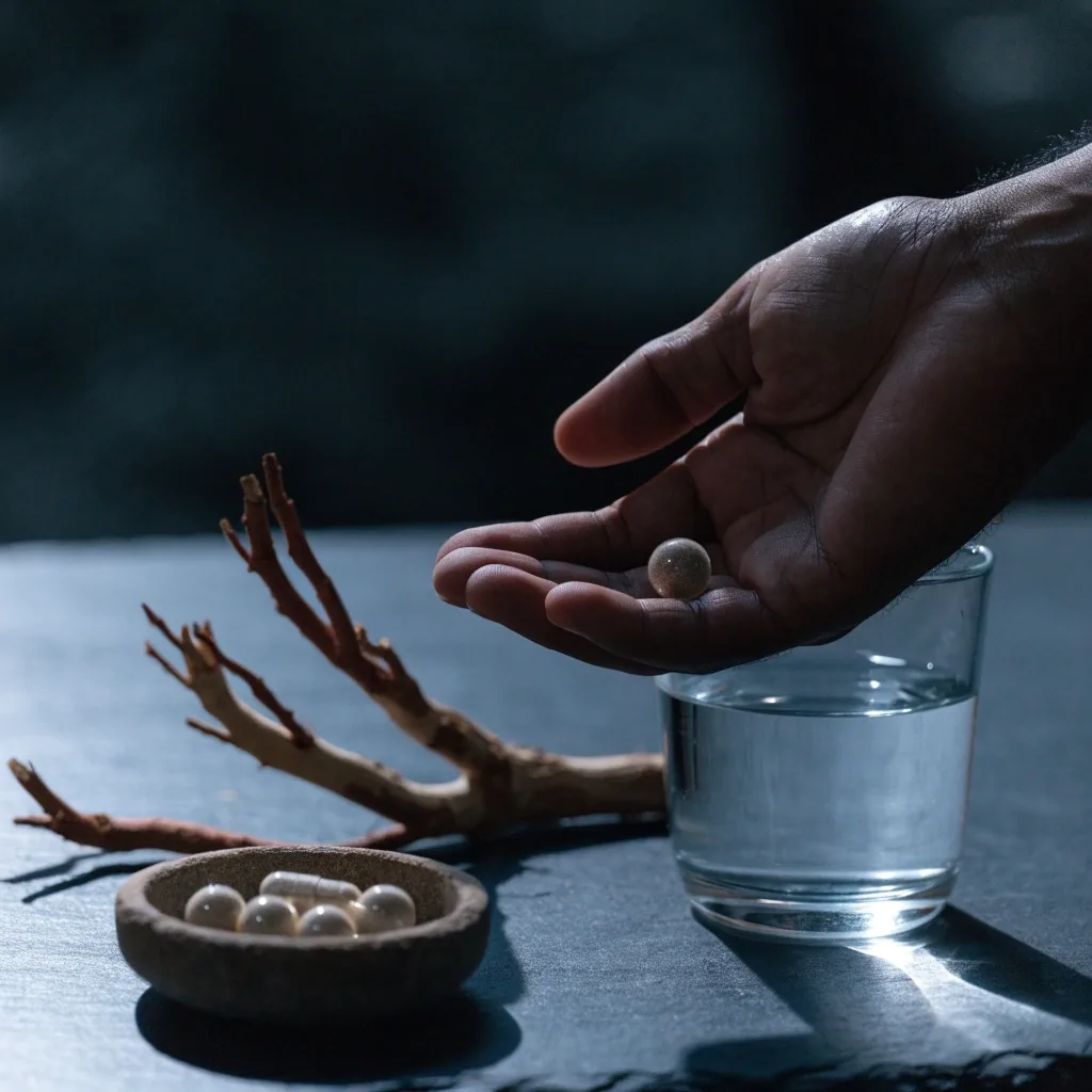 Glass of water beside a small dish of tablets and capsules with dried bark in shadow on a night counter