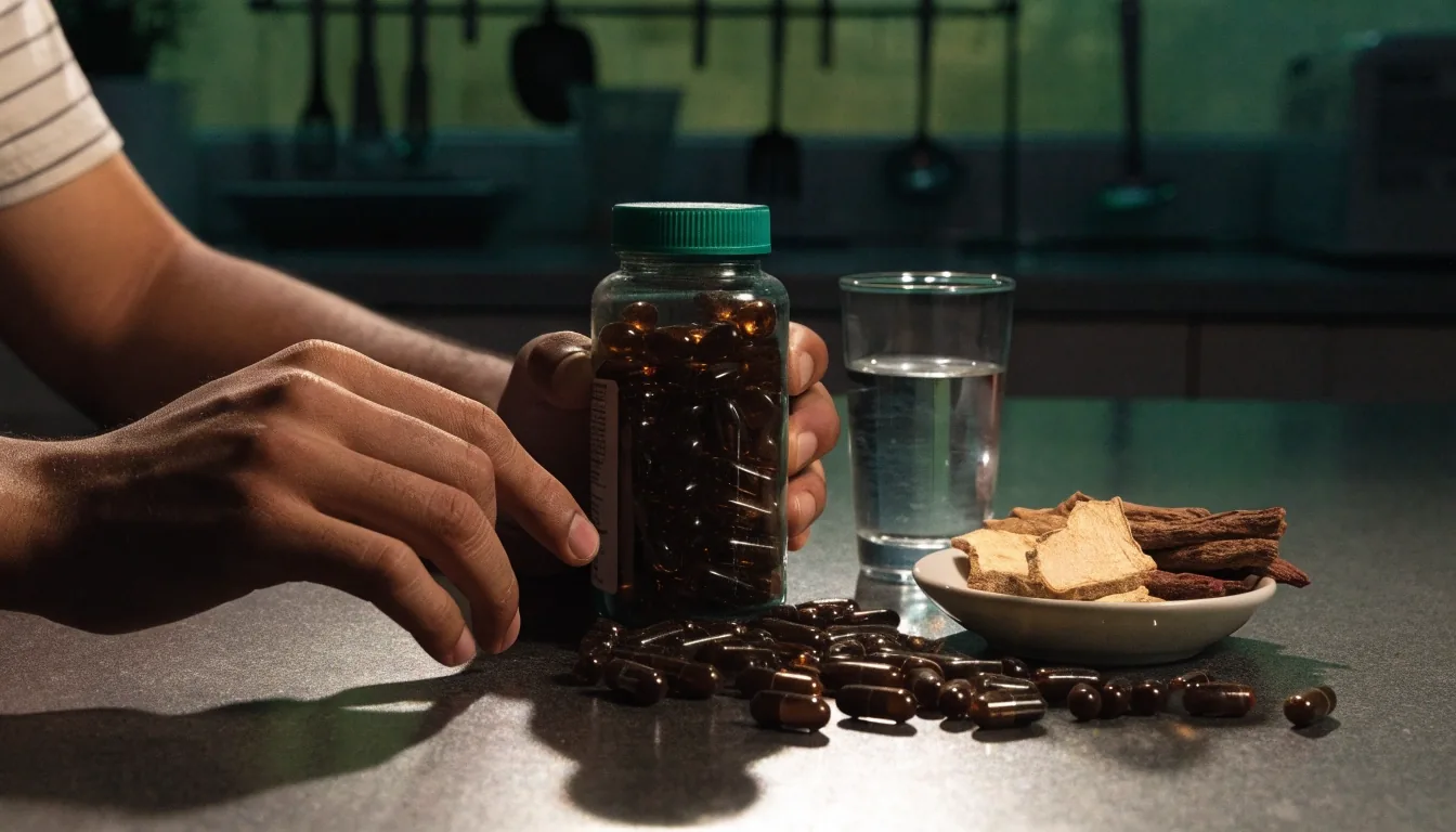 Softgel, capsule, tablet and sachet silhouettes with a Maca root slice and dried bark strip on a matte night table