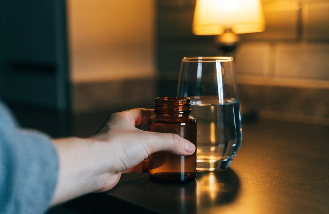 Three unlabelled amber bottles on a dark shelf at night, lit softly from the left