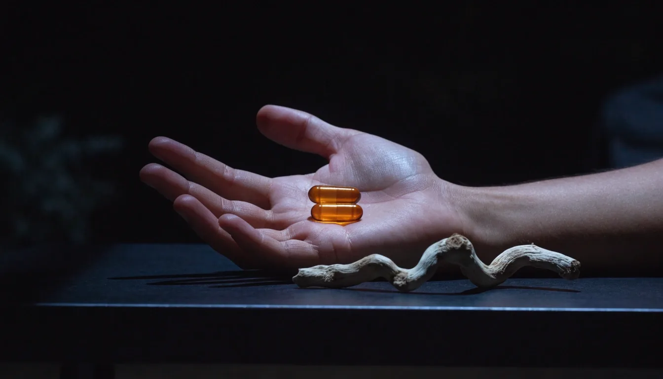 An open hand holding two amber softgel capsules beside a strip of dried botanical root on a matte dark table