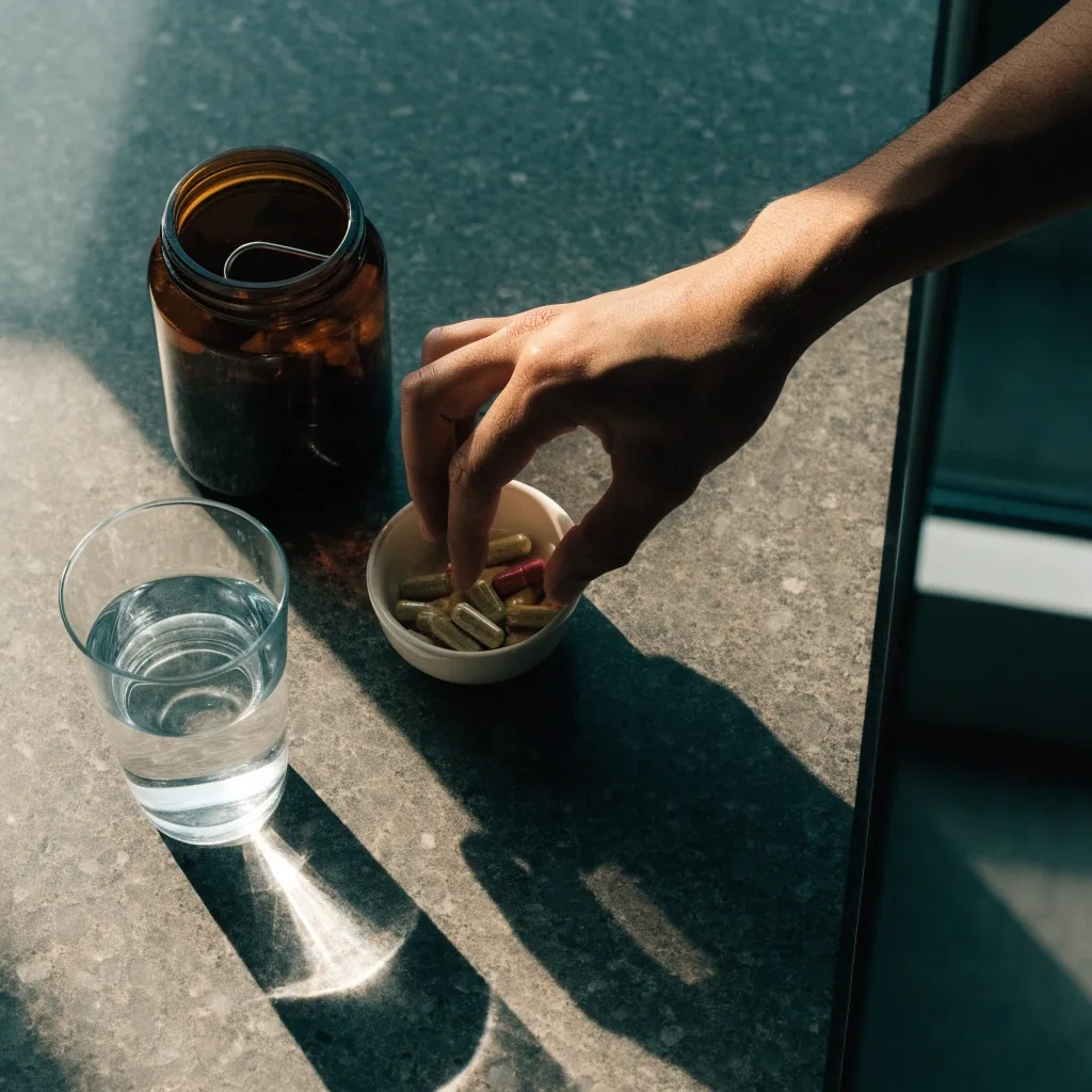 Loose amber softgels and dried botanical root slices arranged beside an open glass vessel on a dark matte table