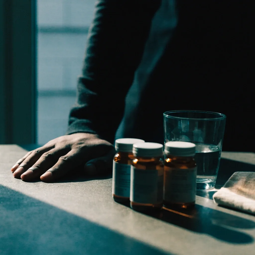 Three unlabelled amber bottles in a row on a matte table with a glass of water and a folded cloth under low night light