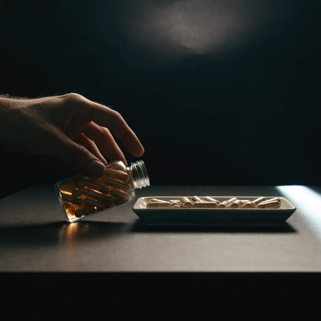 Two unlabelled amber bottles and a row of capsule shapes on a dimly lit editorial workspace table at night