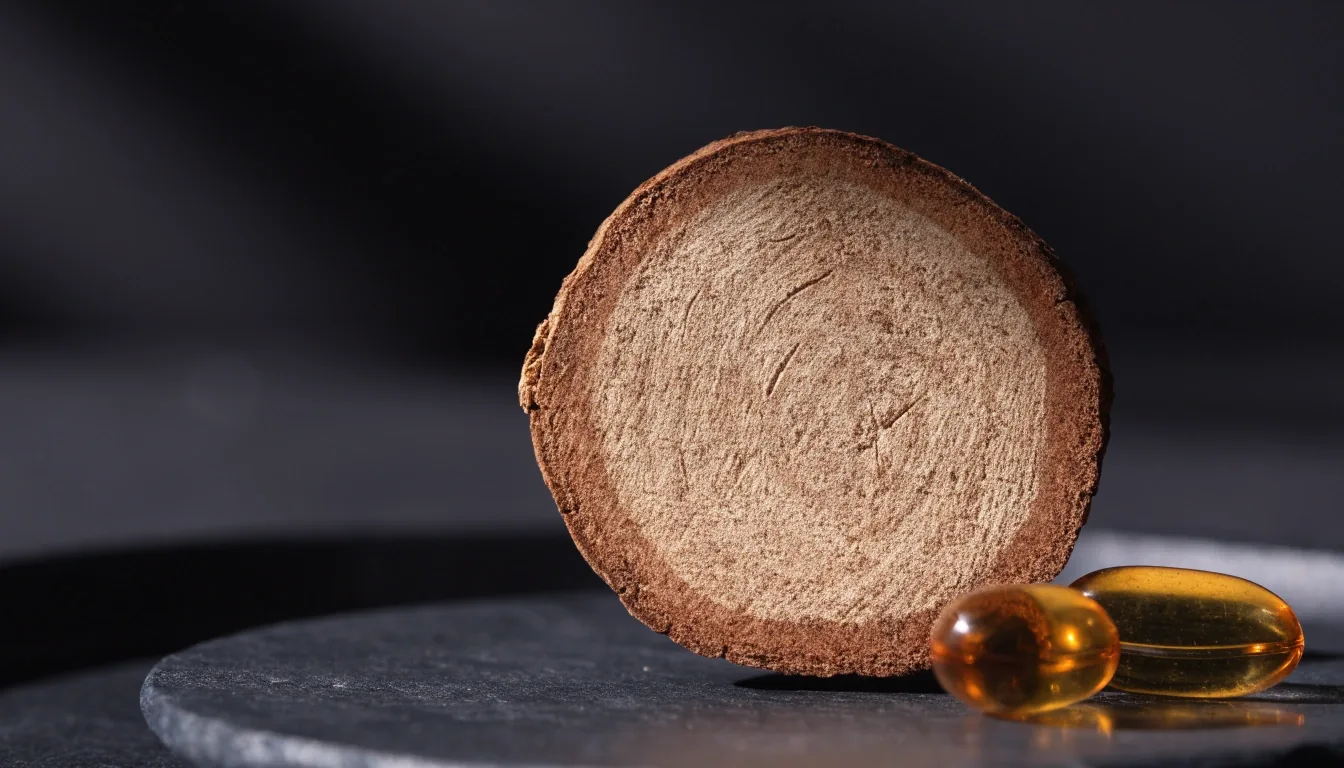 Amber softgel capsules and a single dried root slice spread across a matte dark table under one cool side light
