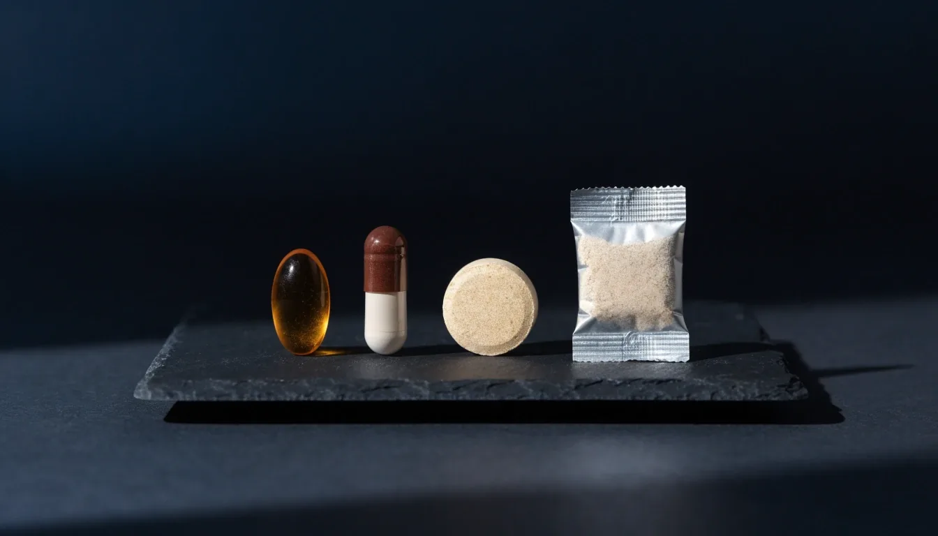 Four unlabelled supplement formats — softgel, capsule, tablet and sachet — arranged in a row on a matte dark tray
