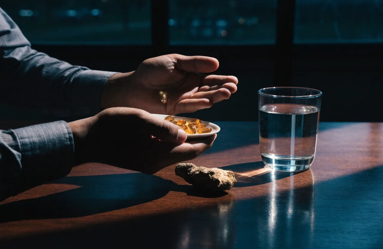 Amber softgel capsules and a botanical root slice on a matte night table
