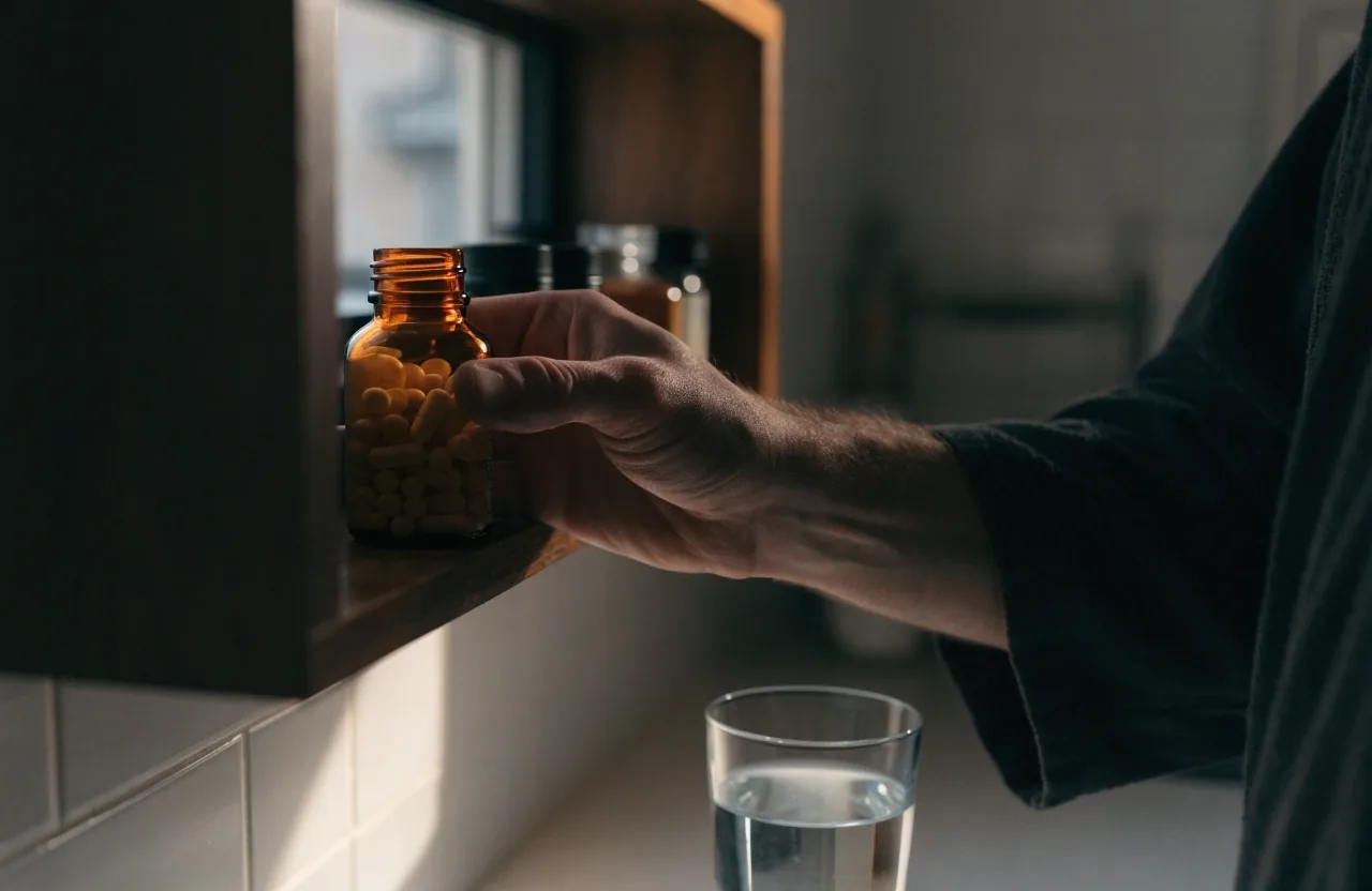 Three unlabelled amber bottles in a row on a night-lit bathroom shelf