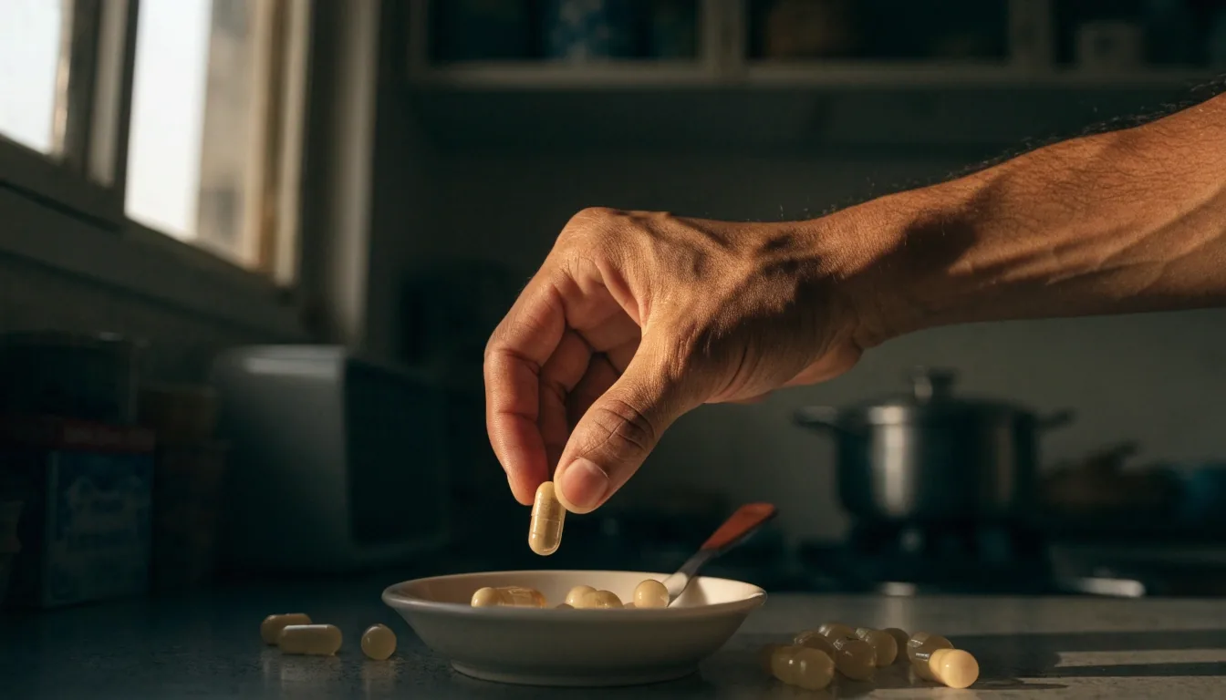 A hand holding a single supplement capsule over a dark matte table