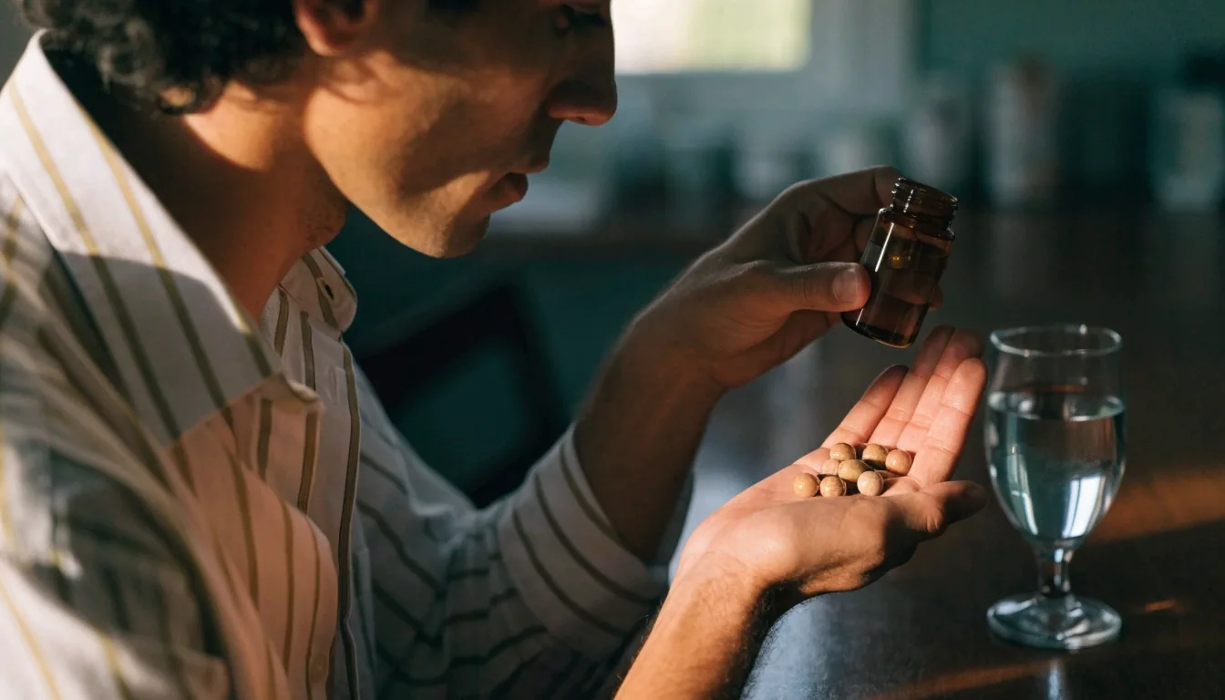 A hand taking a hard capsule from an unlabelled amber bottle on a dark table