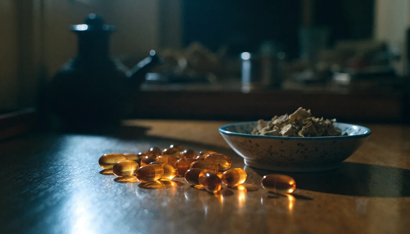 Amber softgel capsules held in an open palm under low night lighting