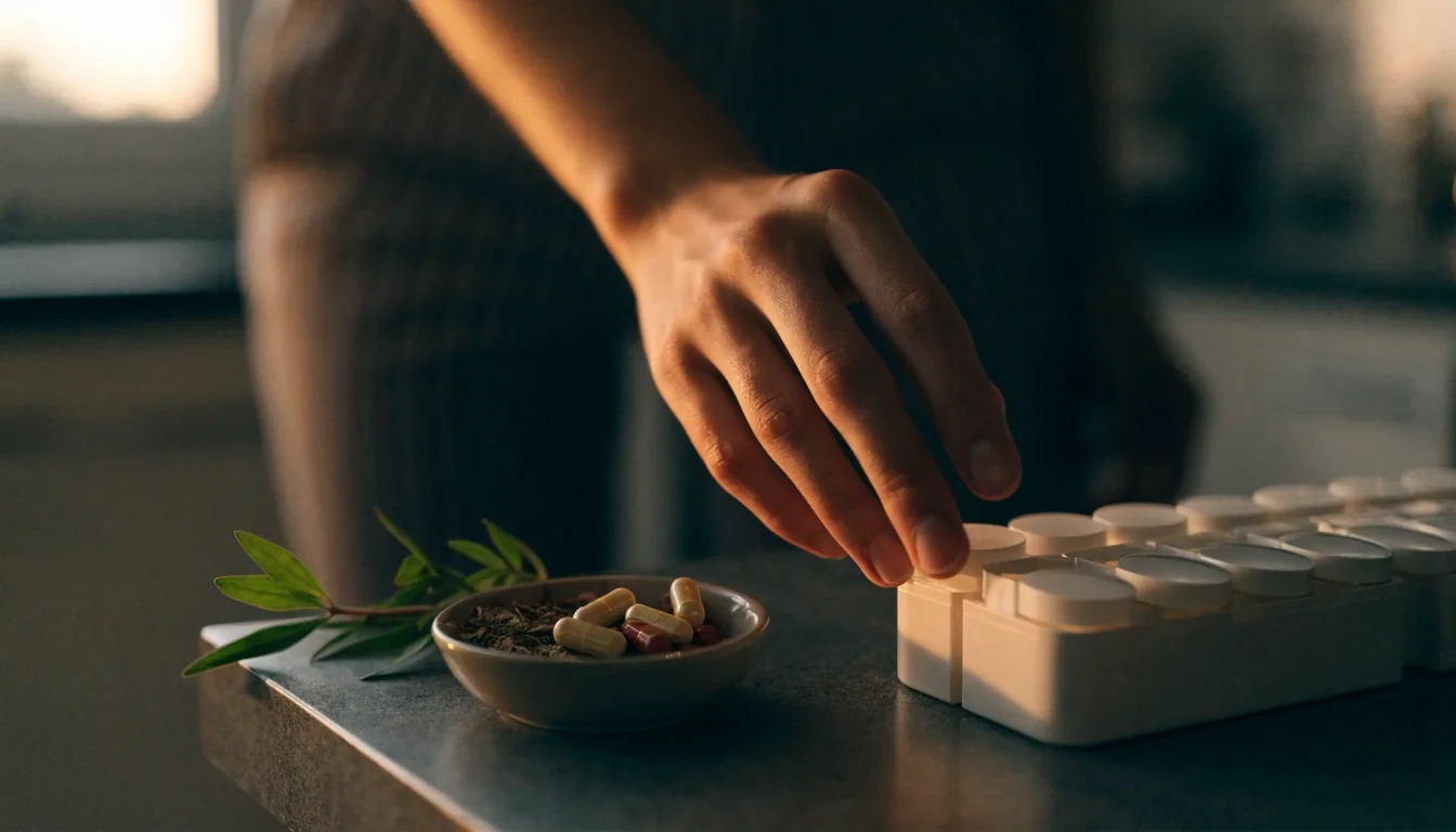 Softgel supplement capsule on a matte table beside a botanical sprig, shot in low night light