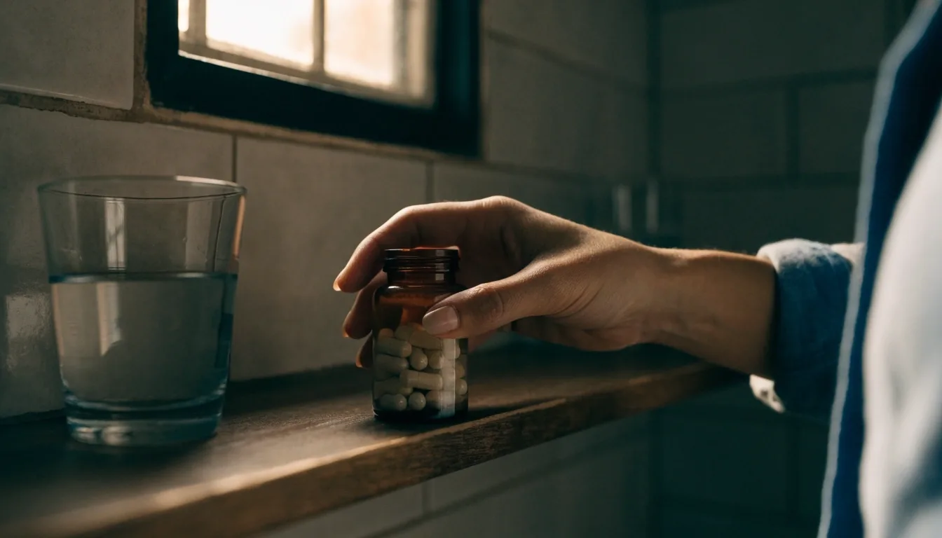 Three unlabelled amber supplement bottles in a row on a dim bathroom shelf