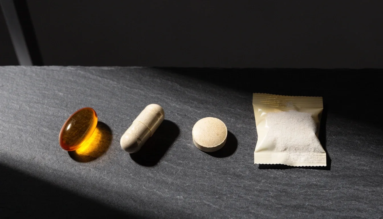 A softgel, hard capsule, tablet and powder sachet arranged in a row on a matte dark table