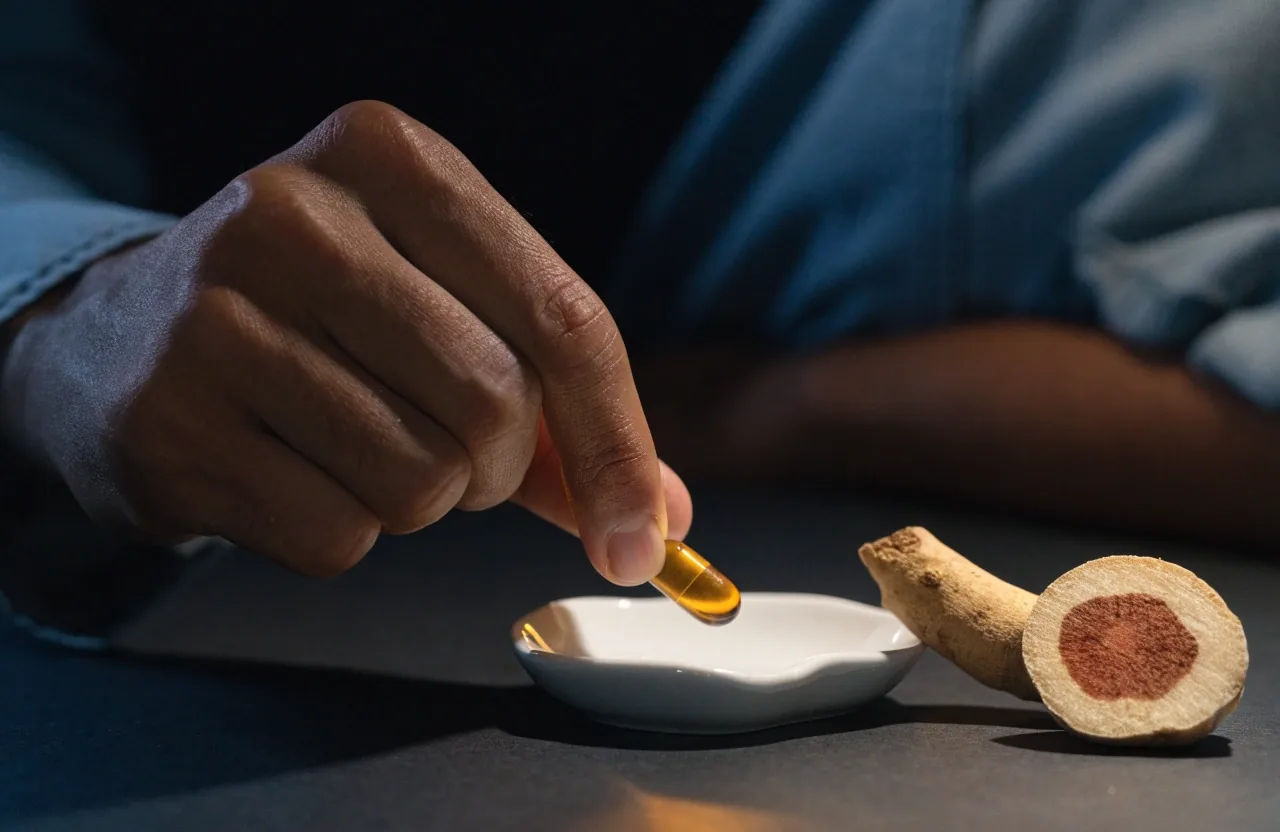 An opened amber softgel pooling beside a strip of Eurycoma root and a dried maca slice on a matte dark table