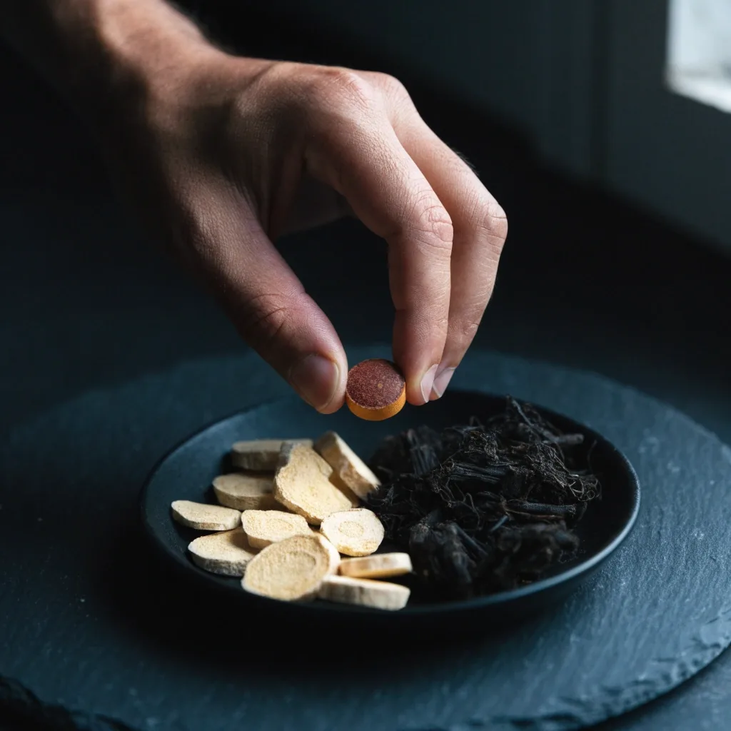 A single amber softgel capsule with a botanical sprig on a matte dark table under one side light
