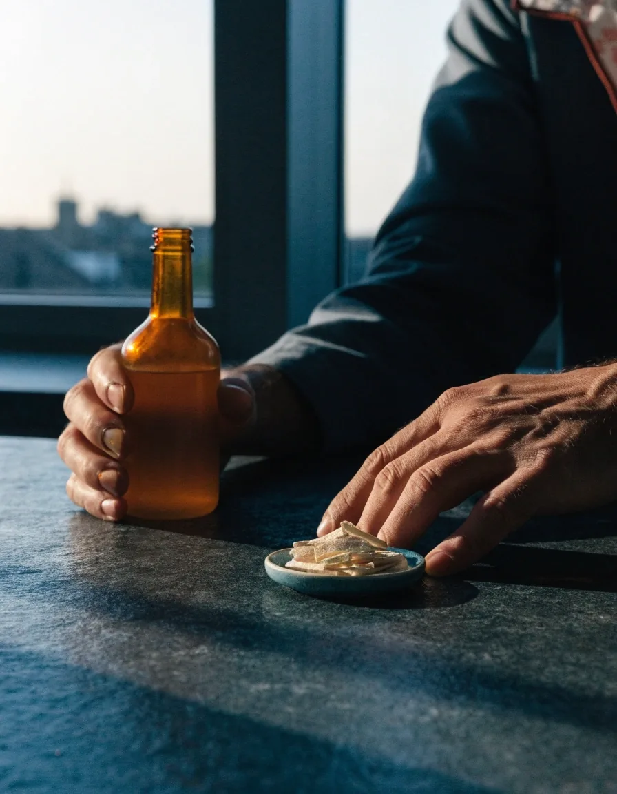 A man's hands turning an unlabelled amber supplement bottle in profile on a dark table under one side light