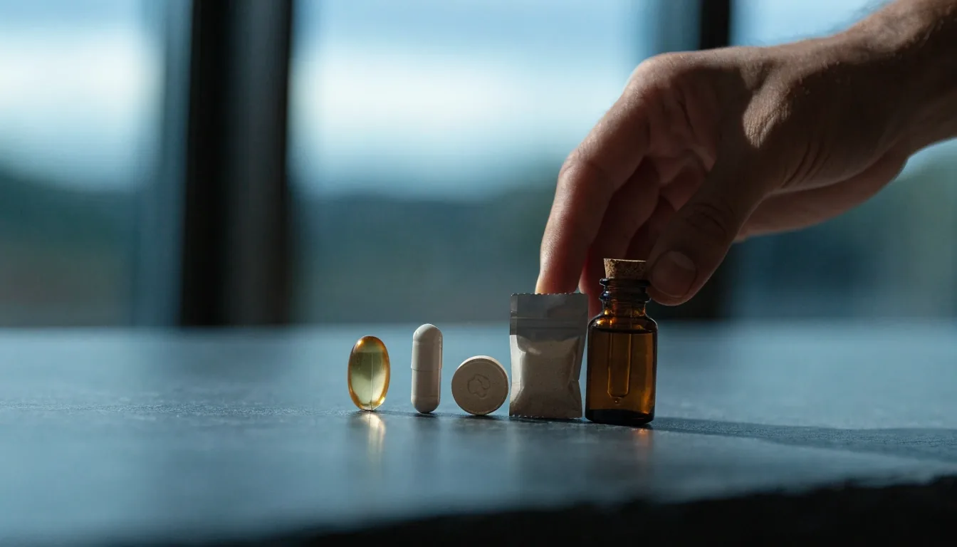Five men's supplement formats — softgel, capsule, tablet, powder sachet and a short amber bottle — lined up on a dark table under one side light