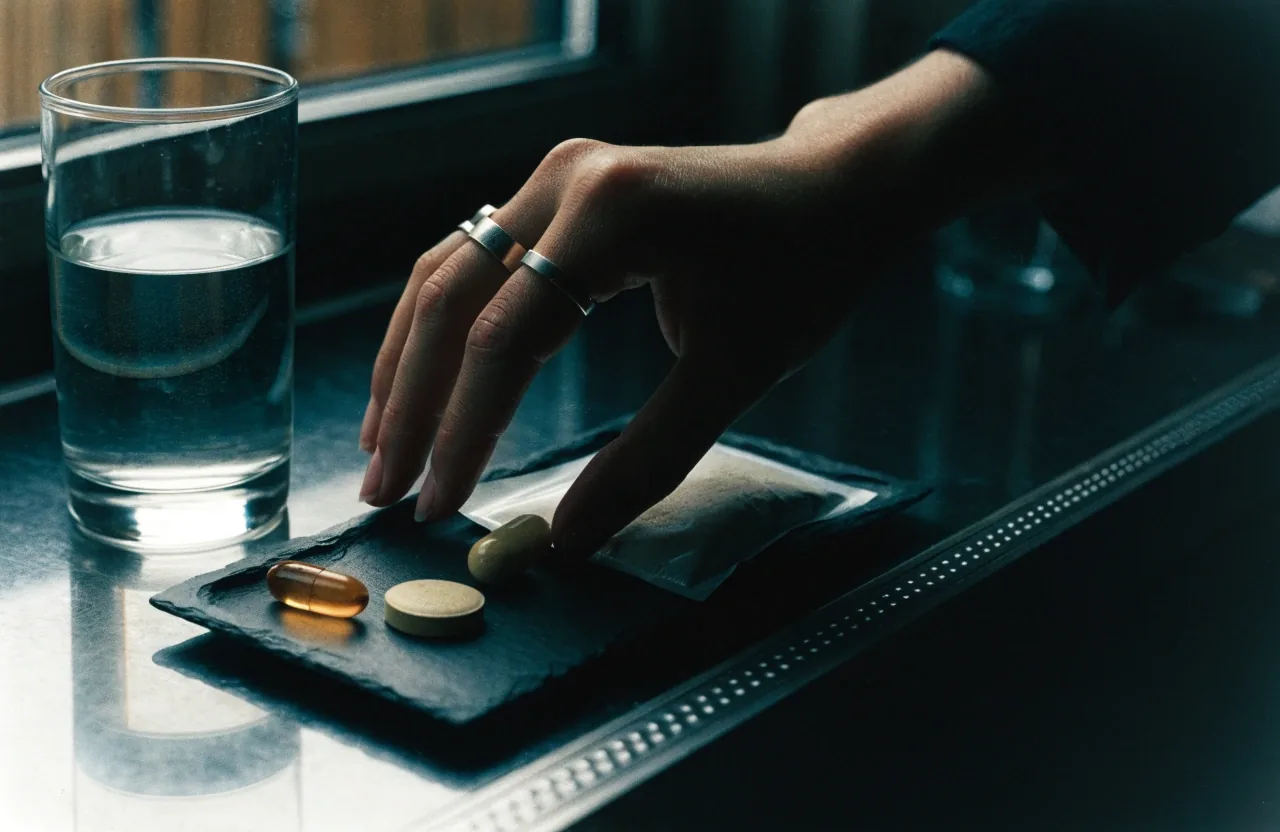Four men's supplement formats — softgel, capsule, tablet and powder sachet — arranged on a matte dark tray