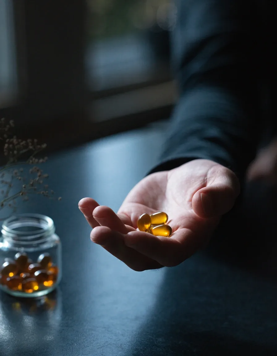 Unlabelled amber capsules and a botanical sprig arranged on a dark matte table at night