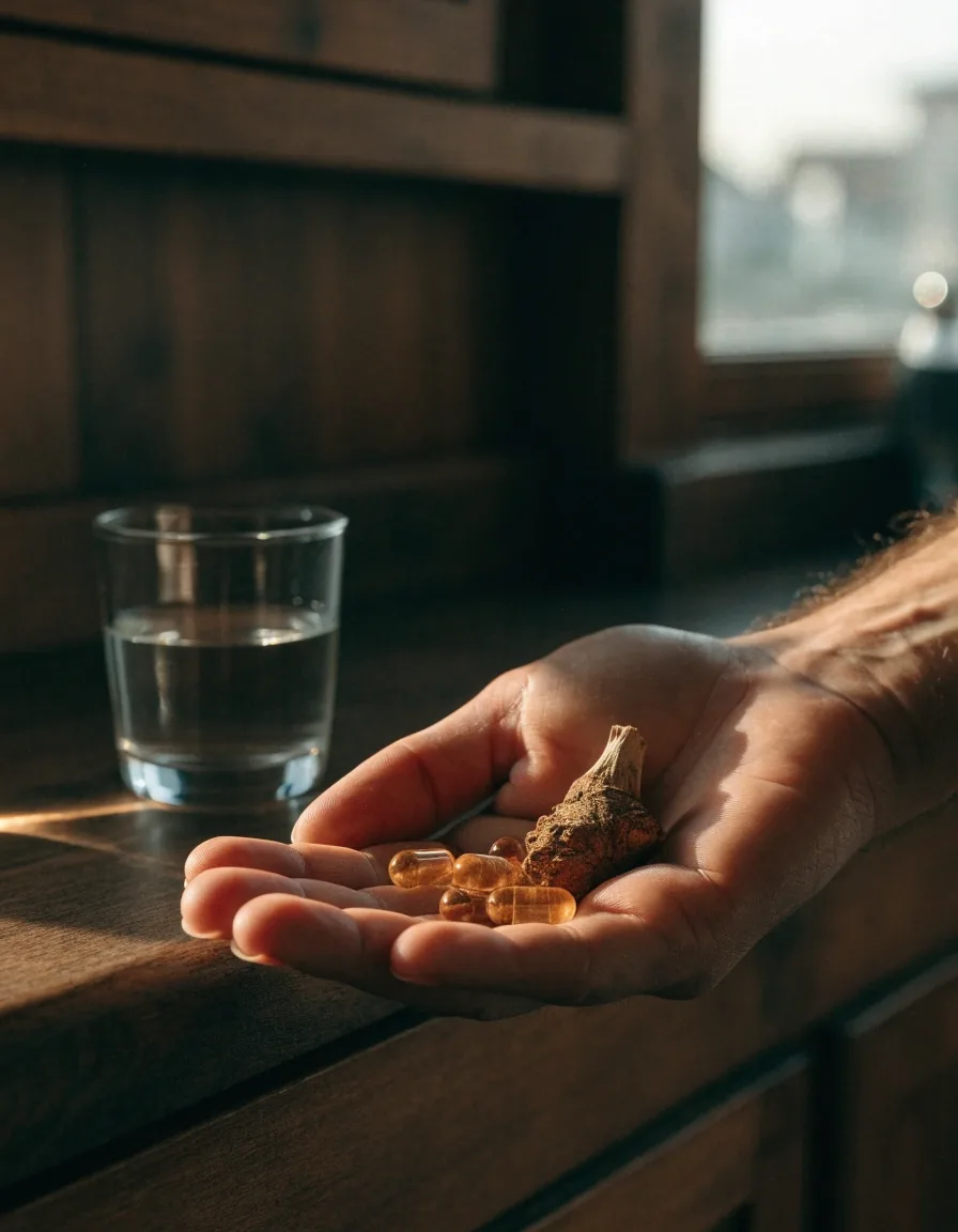 A single amber capsule resting on a matte dark table beside loose capsules and a botanical root strip